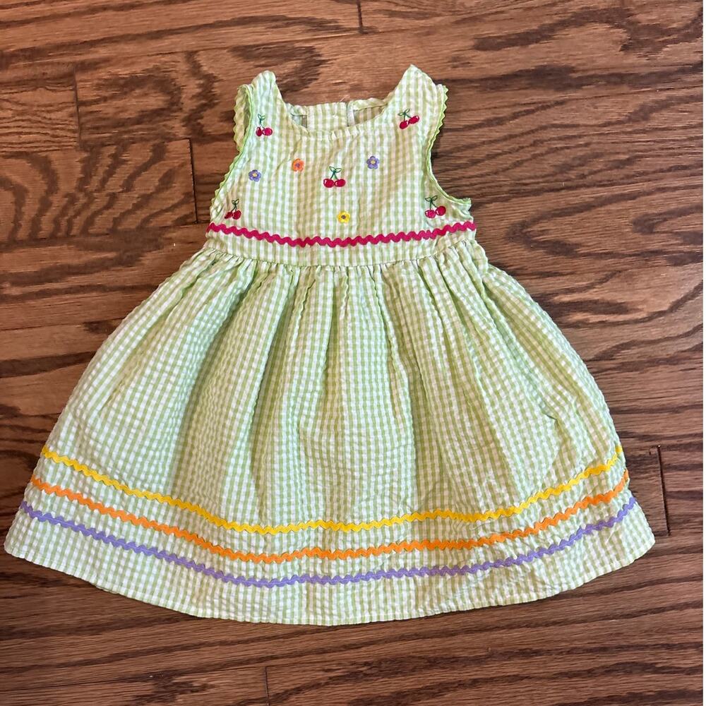 Thomas Green Gingham Dress 2T Embroidered Cherries Floral Trim Seersucker Spring